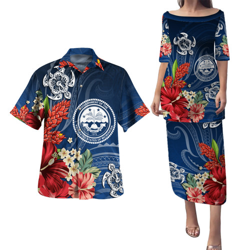 Federated States Of Micronesia Combo Puletasi And Shirt  Flower And Turtle