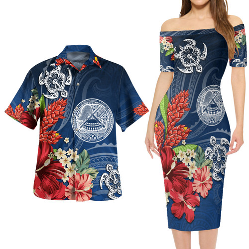 American Samoa Combo Short Sleeve Dress And Shirt  Flower And Turtle