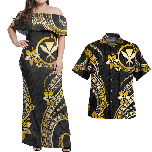 Hawaii Combo Off Shoulder Long Dress And Shirt Kanaka Maoli Golden Polynesian Pattern