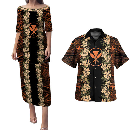 Hawaii Combo Puletasi And Shirt Kanaka Maoli Orange Polynesian Pattern With Hibiscus