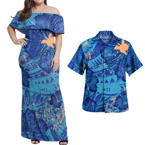 Papua New Guinea Combo Off Shoulder Long Dress And Shirt Hibiscus With Polynesian Pattern Blue Version