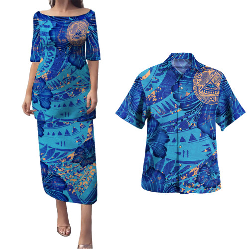 American Samoa Combo Puletasi And Shirt Hibiscus With Polynesian Pattern Blue Version