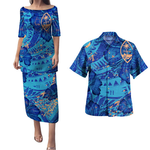Guam Combo Puletasi And Shirt Hibiscus With Polynesian Pattern Blue Version