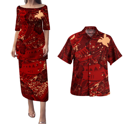 Papua New Guinea Combo Puletasi And Shirt Hibiscus With Polynesian Pattern Red Version