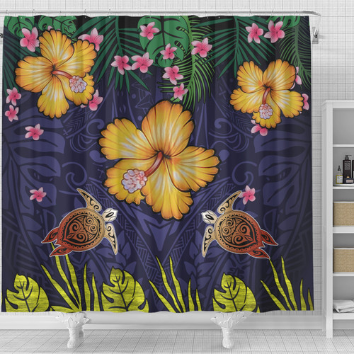 Hawaii Shower Curtain Polynesian Patterns Turtle Couple Hibiscus Plumeria Flowers