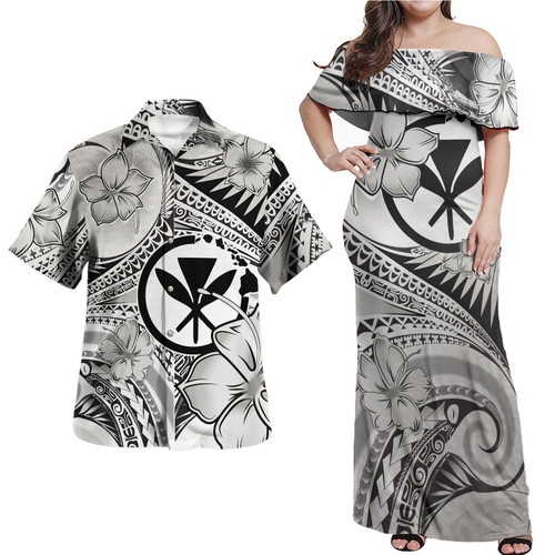 Hawaii Kanaka Maoli Combo Off Shoulder Long Dress And Shirt Polynesian Tribal Waves Patterns Hibiscus Flowers