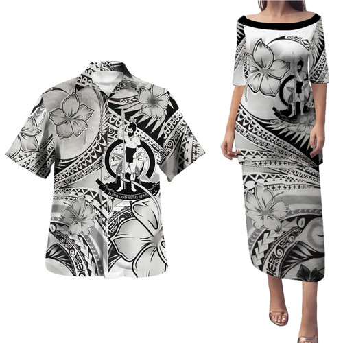Vanuatu Combo Puletasi And Shirt Polynesian Tribal Waves Patterns Hibiscus Flowers