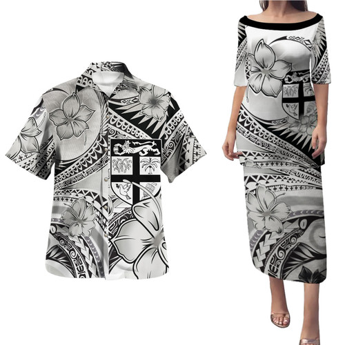 Fiji Combo Puletasi And Shirt Polynesian Tribal Waves Patterns Hibiscus Flowers