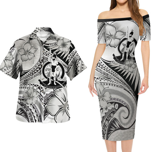 Vanuatu Combo Short Sleeve Dress And Shirt Polynesian Tribal Waves Patterns Hibiscus Flowers