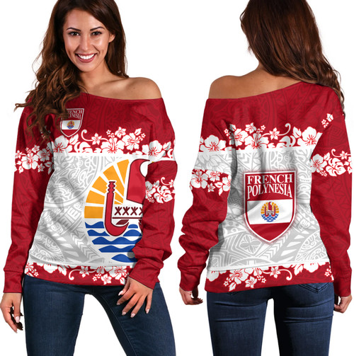 French Polynesia Off Shoulder Sweatshirt Seal With Plumeria Flowers Polyneasia Patterns