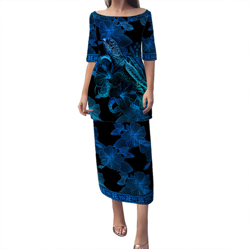 Kosrae Puletasi Sea Turtle With Blooming Hibiscus Flowers Tribal Blue