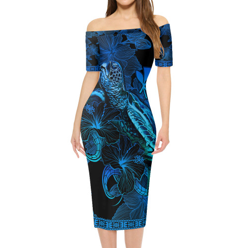Hawaii Kanaka Maoli Short Sleeve Off The Shoulder Lady Dress Sea Turtle With Blooming Hibiscus Flowers Tribal Blue