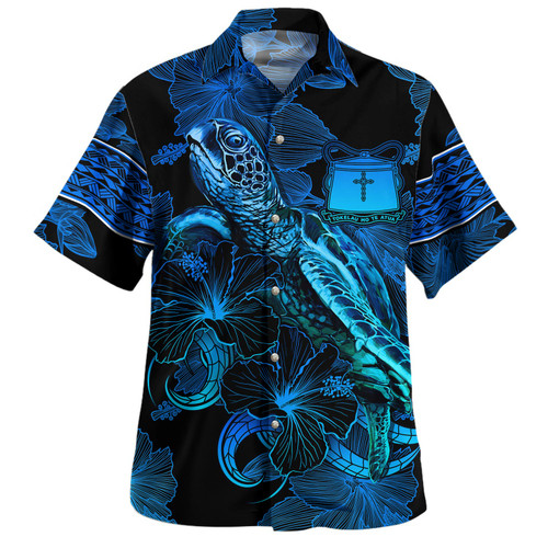 Tokelau Hawaiian Shirt Sea Turtle With Blooming Hibiscus Flowers Tribal Blue