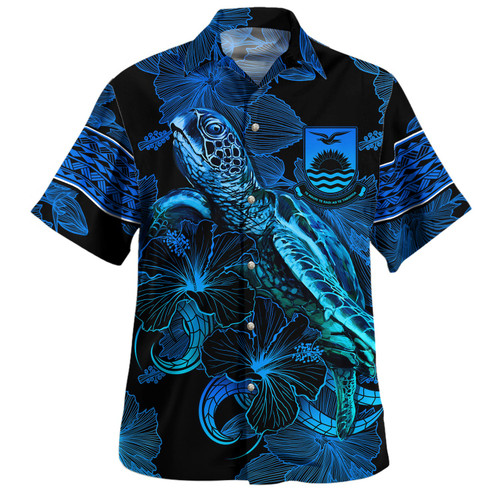 Kiribati Hawaiian Shirt Sea Turtle With Blooming Hibiscus Flowers Tribal Blue
