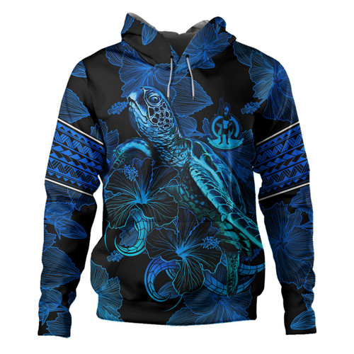 Vanuatu Hoodie Sea Turtle With Blooming Hibiscus Flowers Tribal Blue