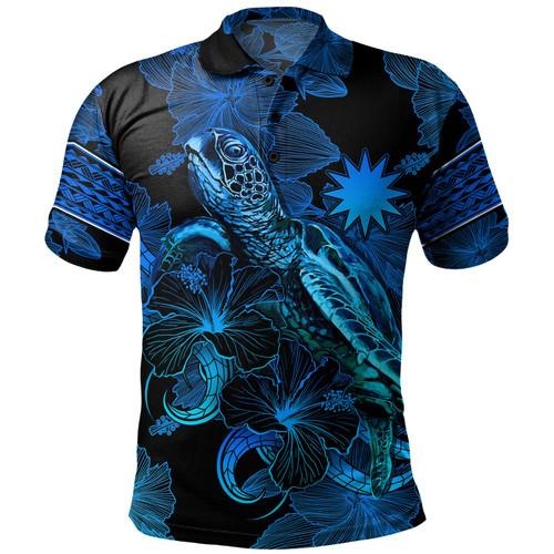 Nauru Polo Shirt Sea Turtle With Blooming Hibiscus Flowers Tribal Blue