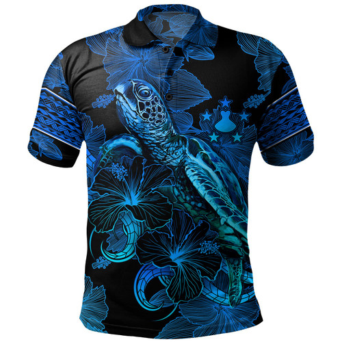 Austral Islands Polo Shirt Sea Turtle With Blooming Hibiscus Flowers Tribal Blue
