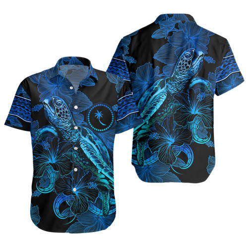 Chuuk State Short Sleeve Shirt Sea Turtle With Blooming Hibiscus Flowers Tribal Blue