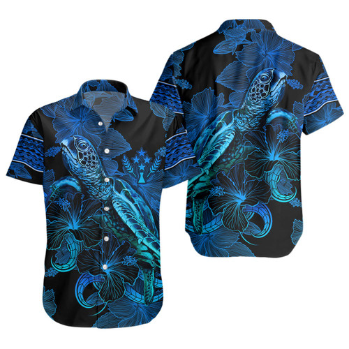 Kosrae Short Sleeve Shirt Sea Turtle With Blooming Hibiscus Flowers Tribal Blue