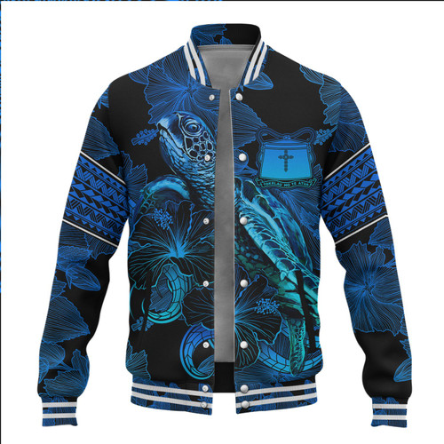 Tokelau Baseball Jacket Sea Turtle With Blooming Hibiscus Flowers Tribal Blue