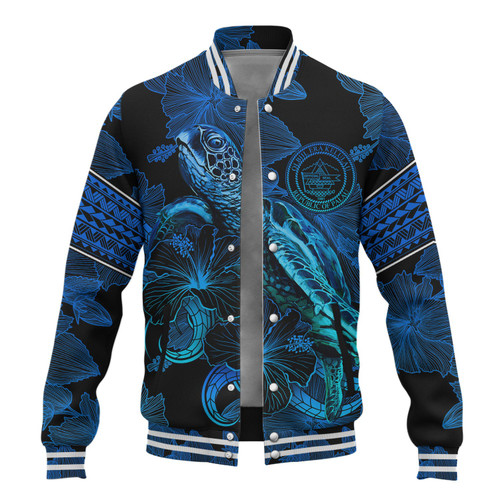 Palau Baseball Jacket Sea Turtle With Blooming Hibiscus Flowers Tribal Blue