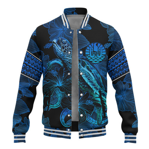 French Polynesia Baseball Jacket Sea Turtle With Blooming Hibiscus Flowers Tribal Blue