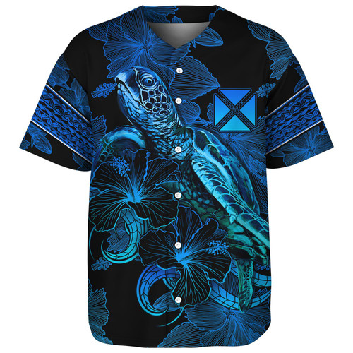 Wallis And Futuna Baseball Shirt Sea Turtle With Blooming Hibiscus Flowers Tribal Blue