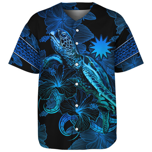 Nauru Baseball Shirt Sea Turtle With Blooming Hibiscus Flowers Tribal Blue