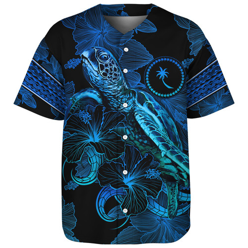 Chuuk State Baseball Shirt Sea Turtle With Blooming Hibiscus Flowers Tribal Blue