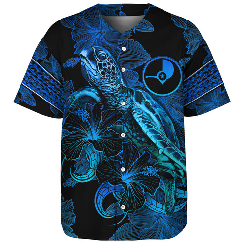 Yap State Baseball Shirt Sea Turtle With Blooming Hibiscus Flowers Tribal Blue