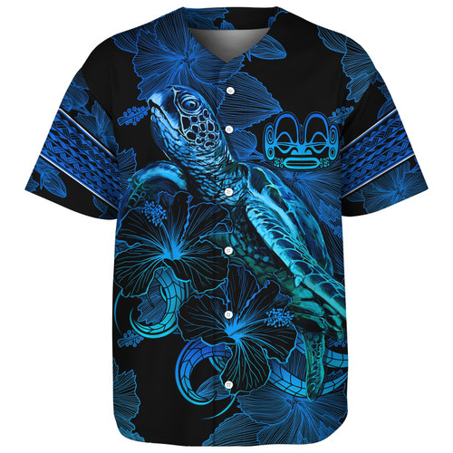 Marquesas Islands Baseball Shirt Sea Turtle With Blooming Hibiscus Flowers Tribal Blue