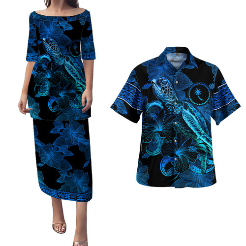 Chuuk State Combo Puletasi And Shirt Sea Turtle With Blooming Hibiscus Flowers Tribal Blue
