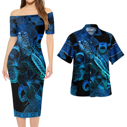 Kiribati Combo Short Sleeve Dress And Shirt Sea Turtle With Blooming Hibiscus Flowers Tribal Blue