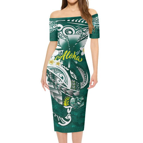 Hawaii Short Sleeve Off The Shoulder Lady Dress Polynesian Honu With Plumeria Tropical Ocean Wave