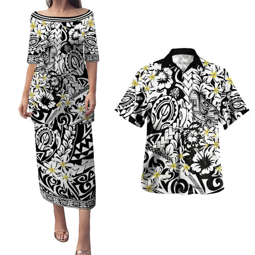 Polynesian Combo Puletasi And Shirt Tropical Tribal Turtle With Fish Hook Pure Black