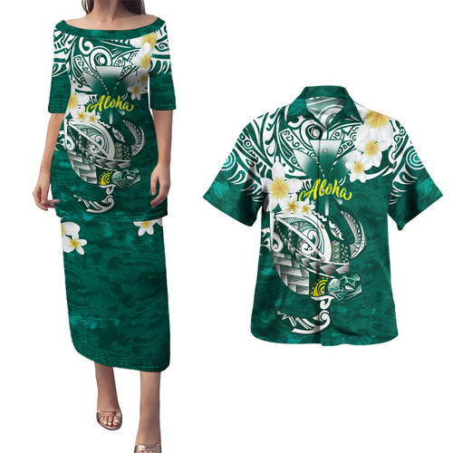 Hawaii Combo Puletasi And Shirt Polynesian Honu With Plumeria Tropical Ocean Wave