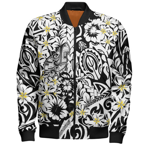 Polynesian Bomber Jacket Tropical Tribal Turtle With Fish Hook Pure Black