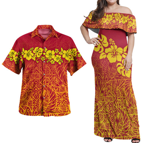 Polynesian Combo Off Shoulder Long Dress And Shirt Yellow Red Color Style