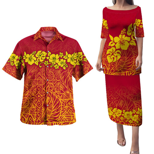 Polynesian Combo Puletasi And Shirt Yellow Red Color