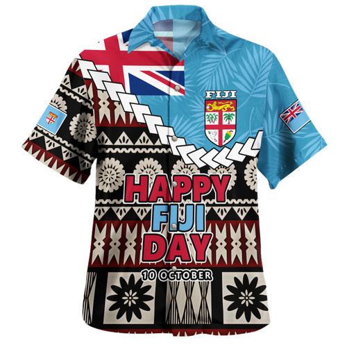 Fiji Hawaiian Shirt Happy Fiji Day Fijian Masi x Tropical Palm Leaf Tribal Curve Style