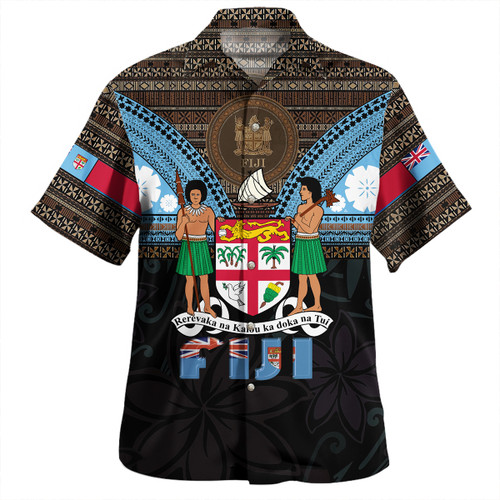 Fiji Hawaiian Shirt Fiji Brown Masi Design With Coat Of Arms Tribal Half Black