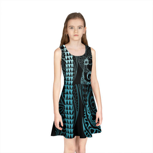 Samoa Girls Sleeveless Sundress Kakau Style Turquoise