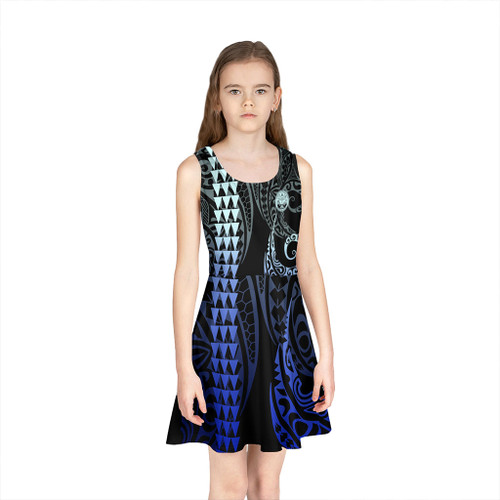Marshall Islands Girls Sleeveless Sundress Kakau Style Gradient Blue