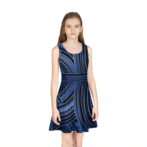 Hawaii Girls Sleeveless Sundress Polynesia Pattern Tattoo Blue