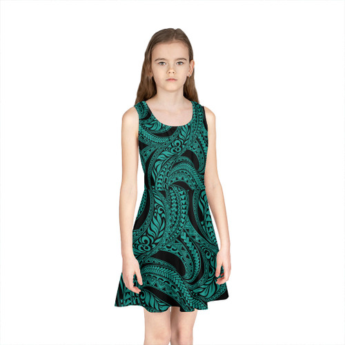 Hawaii Girls Sleeveless Sundress Tribal Pattern Polynesian Turquoise