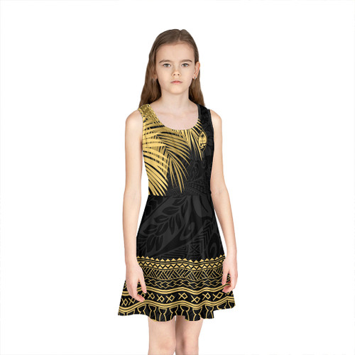 Guam Girls Sleeveless Sundress Fabric Leaves Golden