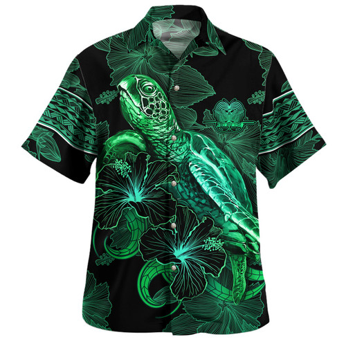 Papua New Guinea Hawaiian Shirt  Sea Turtle With Blooming Hibiscus Flowers Tribal Green