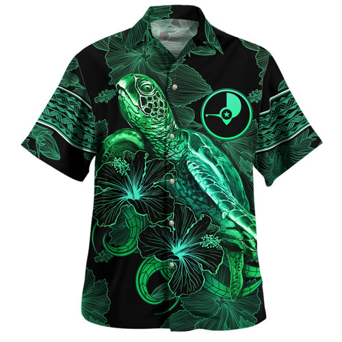 Yap State Hawaiian Shirt  Sea Turtle With Blooming Hibiscus Flowers Tribal Green