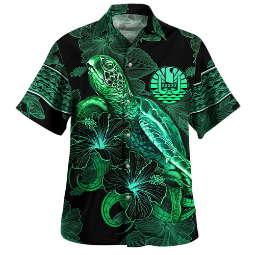 Tahiti Hawaiian Shirt  Sea Turtle With Blooming Hibiscus Flowers Tribal Green