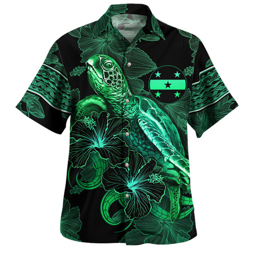 Gambier Islands Hawaiian Shirt  Sea Turtle With Blooming Hibiscus Flowers Tribal Green